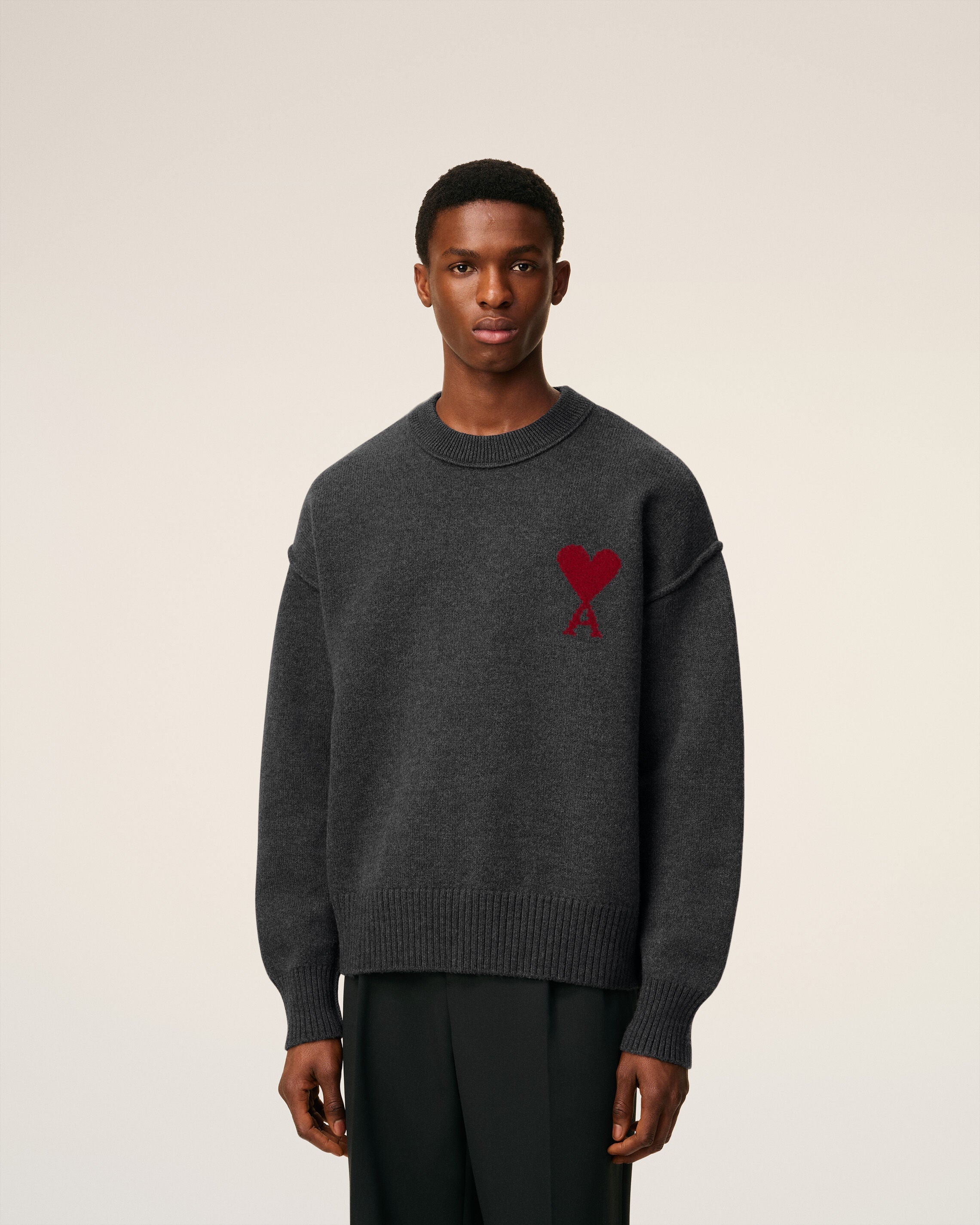 Pull Gris Col Rond Ami De Coeur En Laine