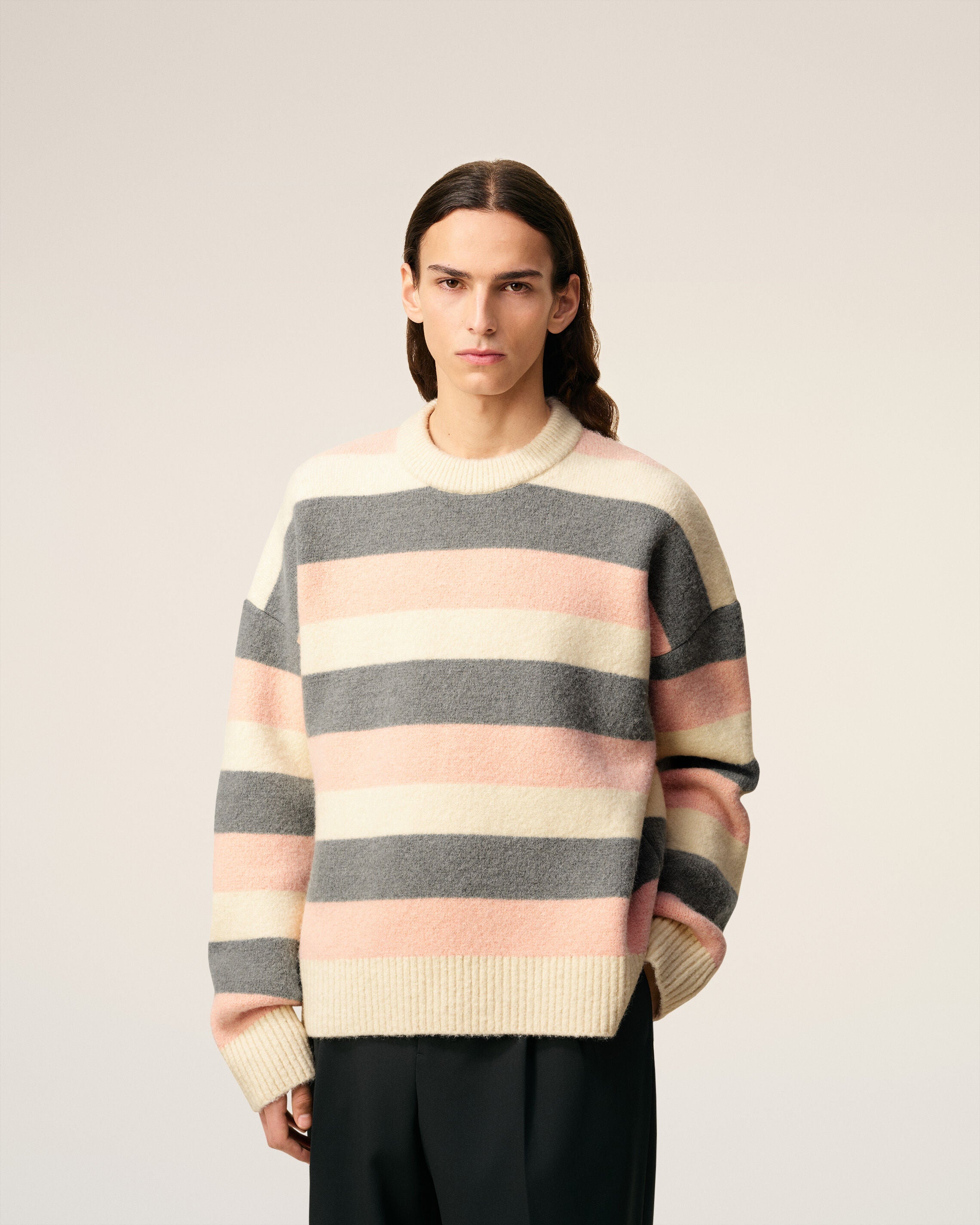 Pull Gris Rayé Col Rond En Alpaga